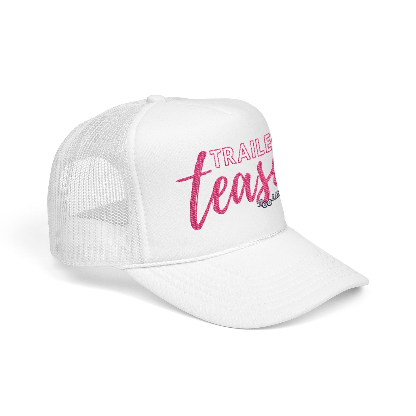 white with pink lettering trailer tease hat.