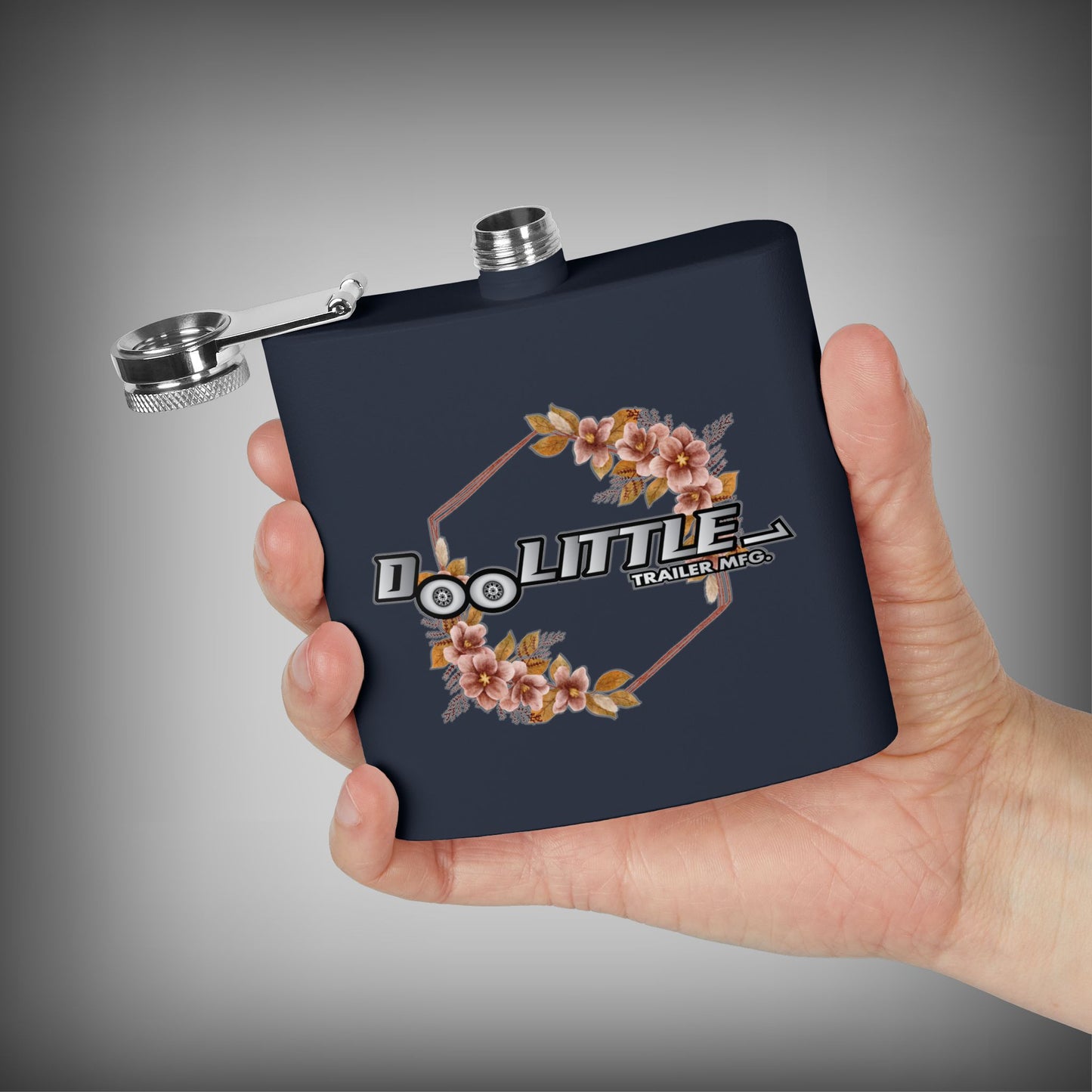 navy blue flask with floral doolittletrailer mfg