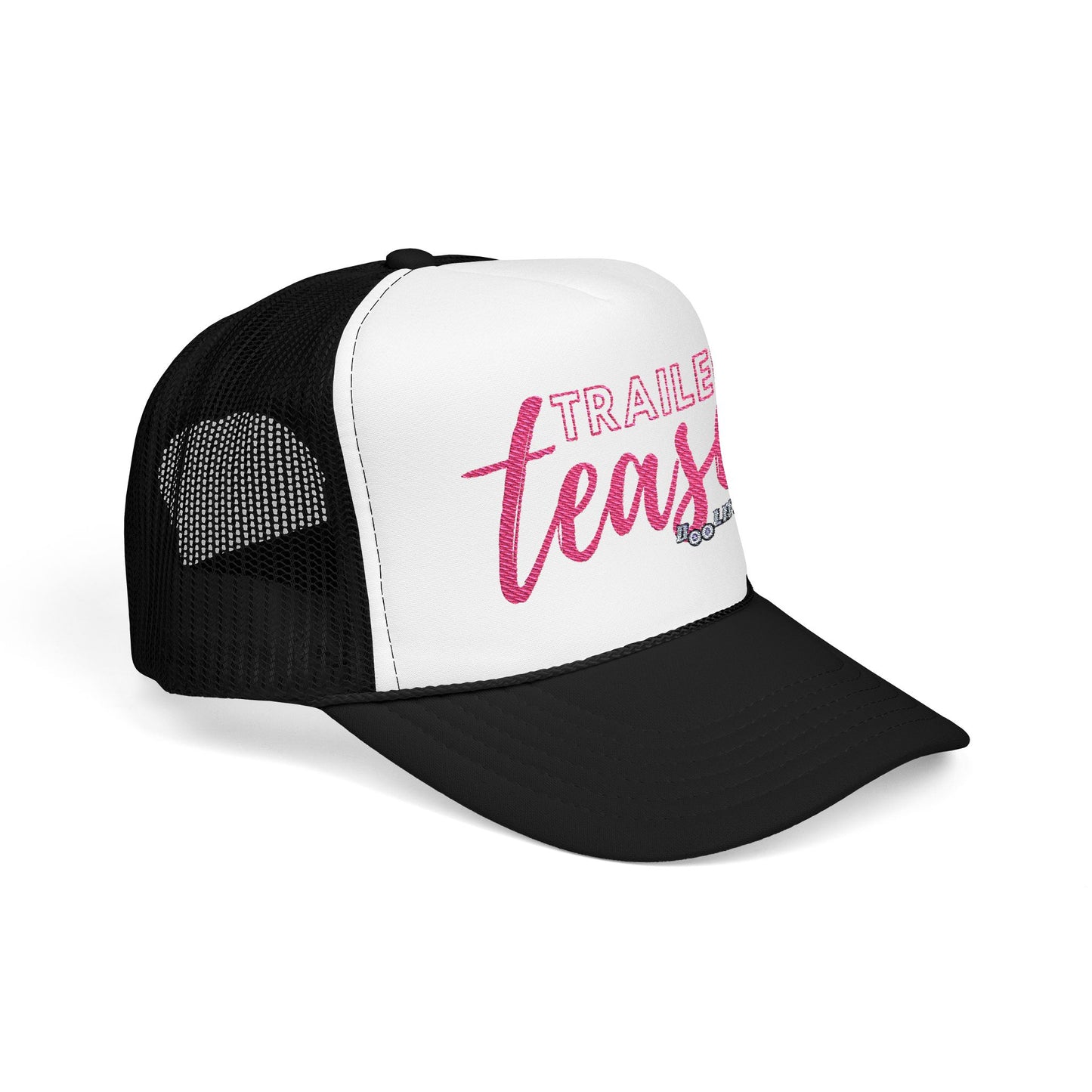 black white and pink trailer tease hat