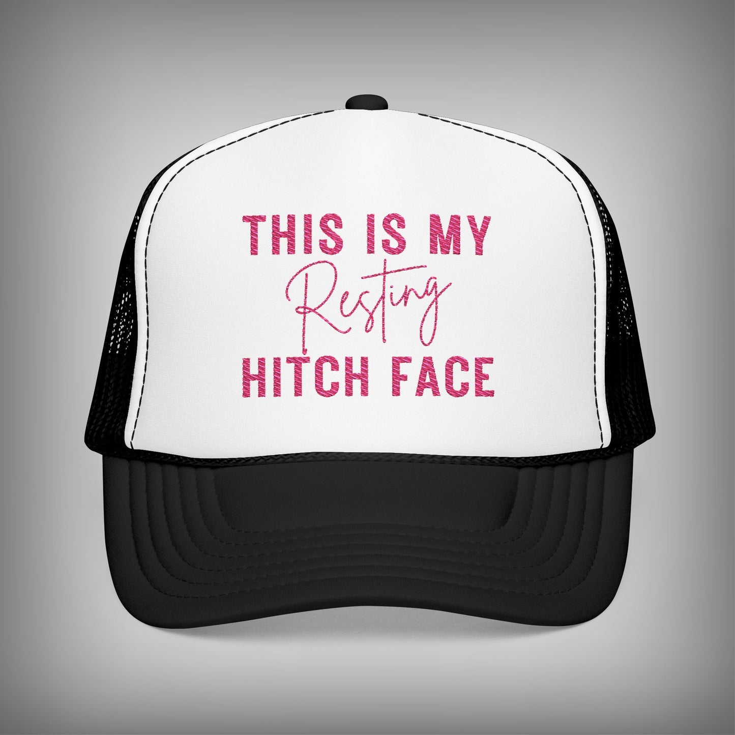 Black and white hat. Pink embriodered this is my resting hitch face hat.