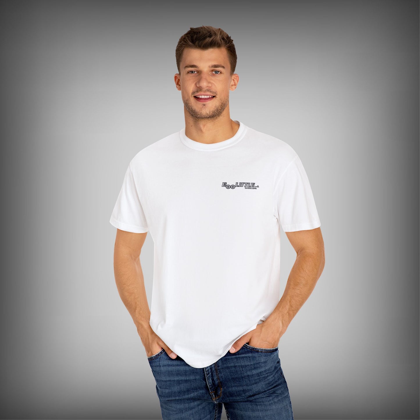 Man wearing doolittle trailer white tshirt.