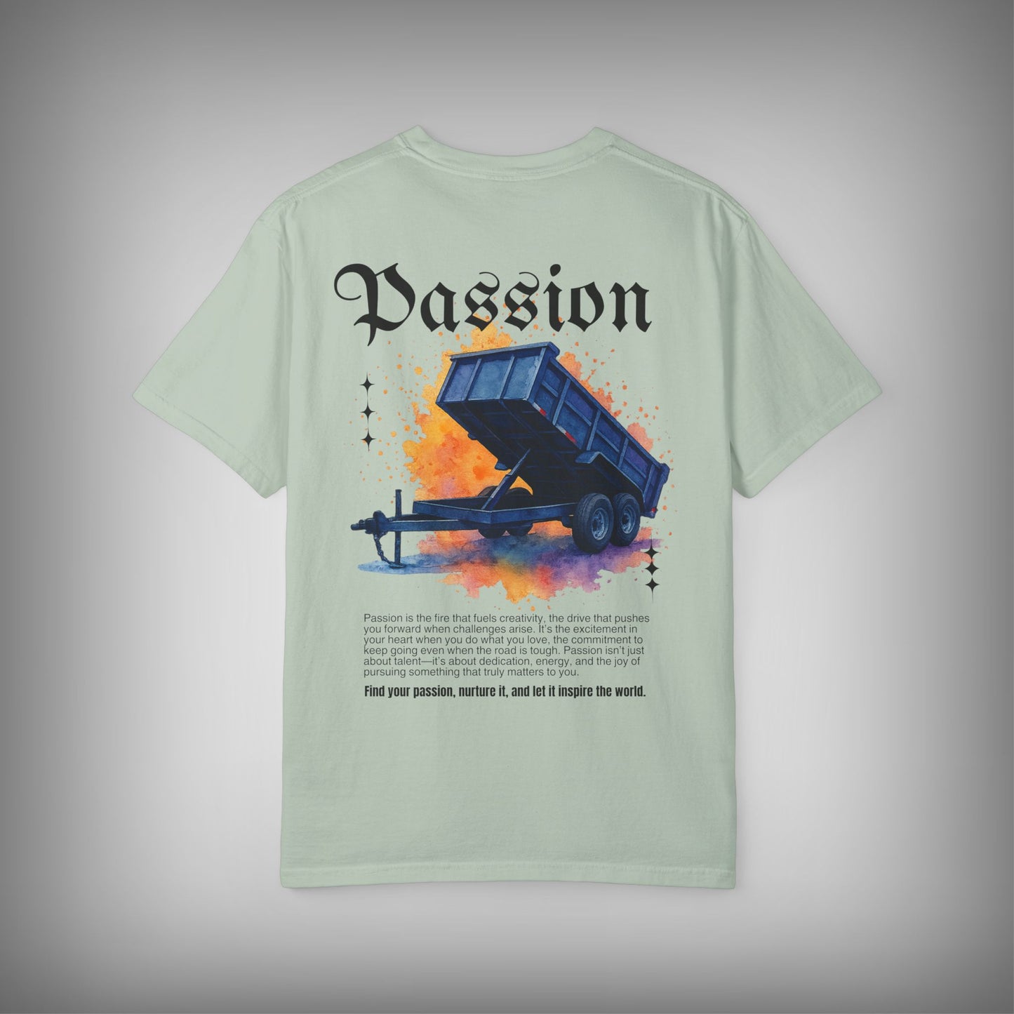 sage green shirt with colorful background with blue doolittle master dump.