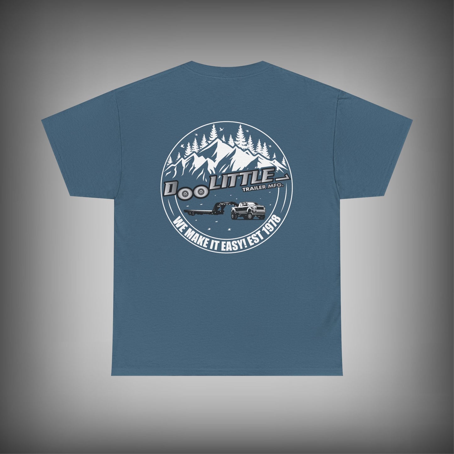 slate blue Deckover Trailer shirt.