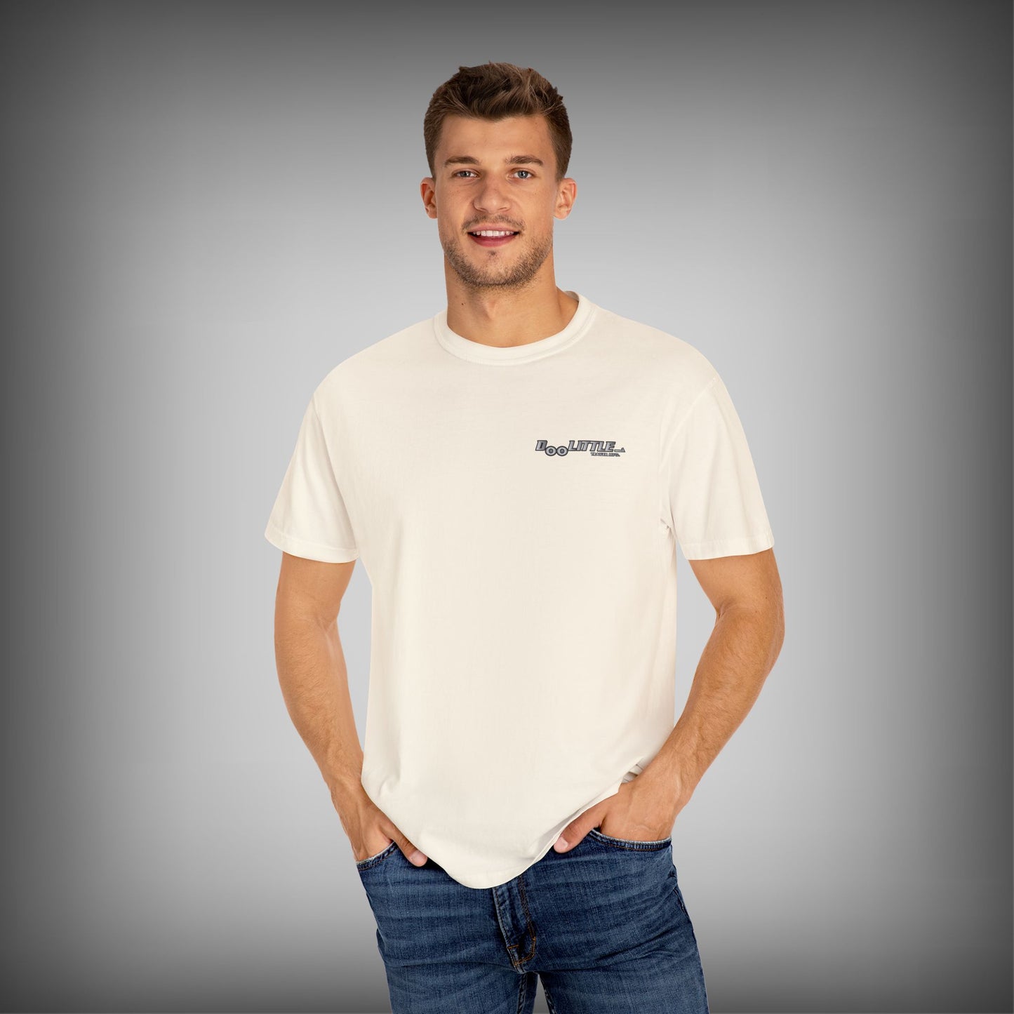 Man wearing Tshirt, with doolittle on it