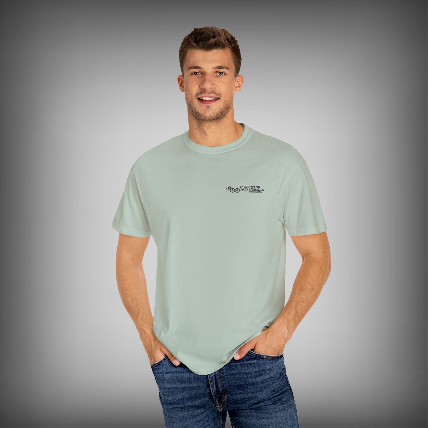 Front of sage green dump trailer shirt