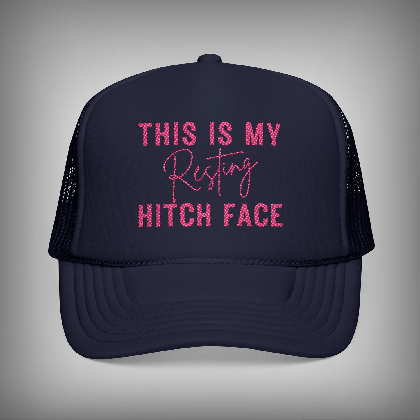 blue this is my resting hitch face hat with pink lettering.