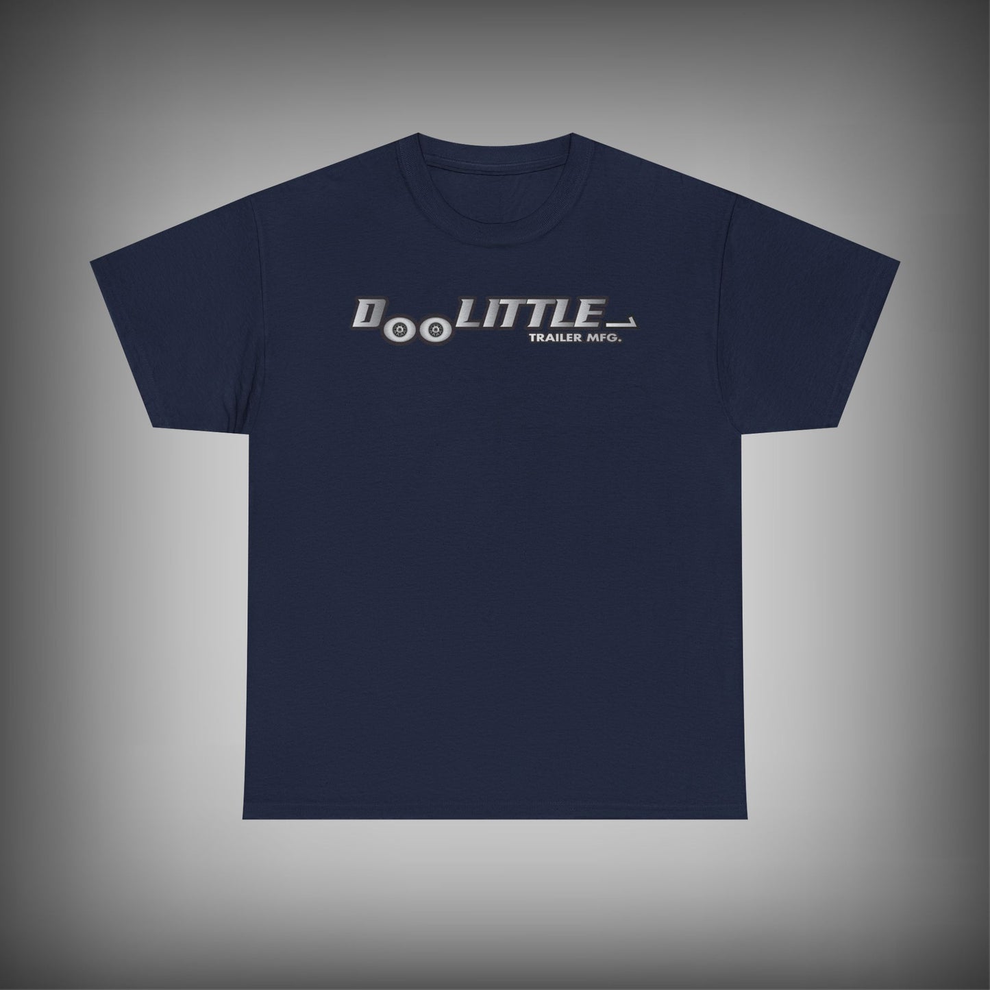 Navy blue t-shirt with doolittle logo on a gray background