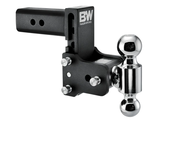 Black and chrome trailer hitch with 'BW' logo on a Transparent background