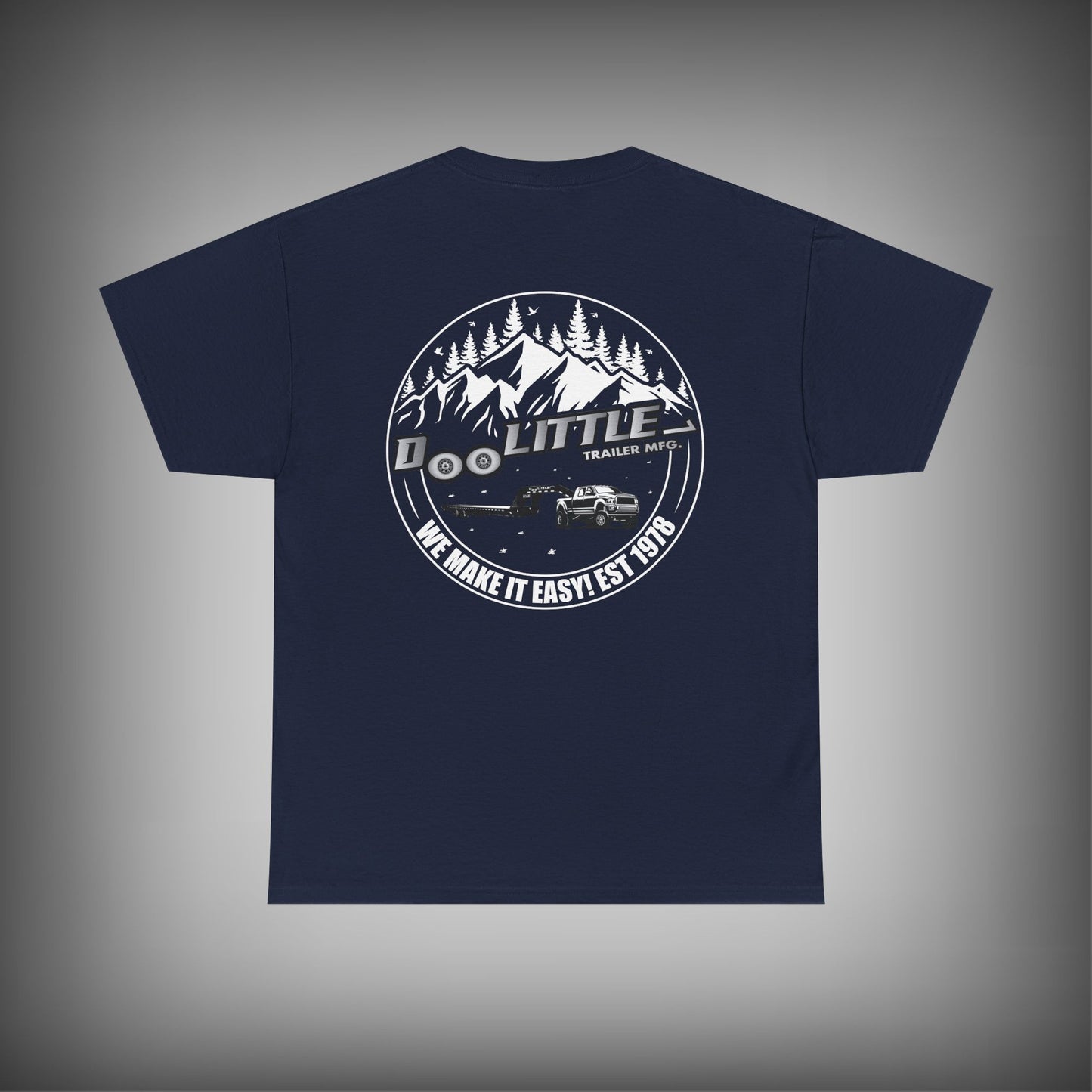 navy blue deckover trailer shirt. 