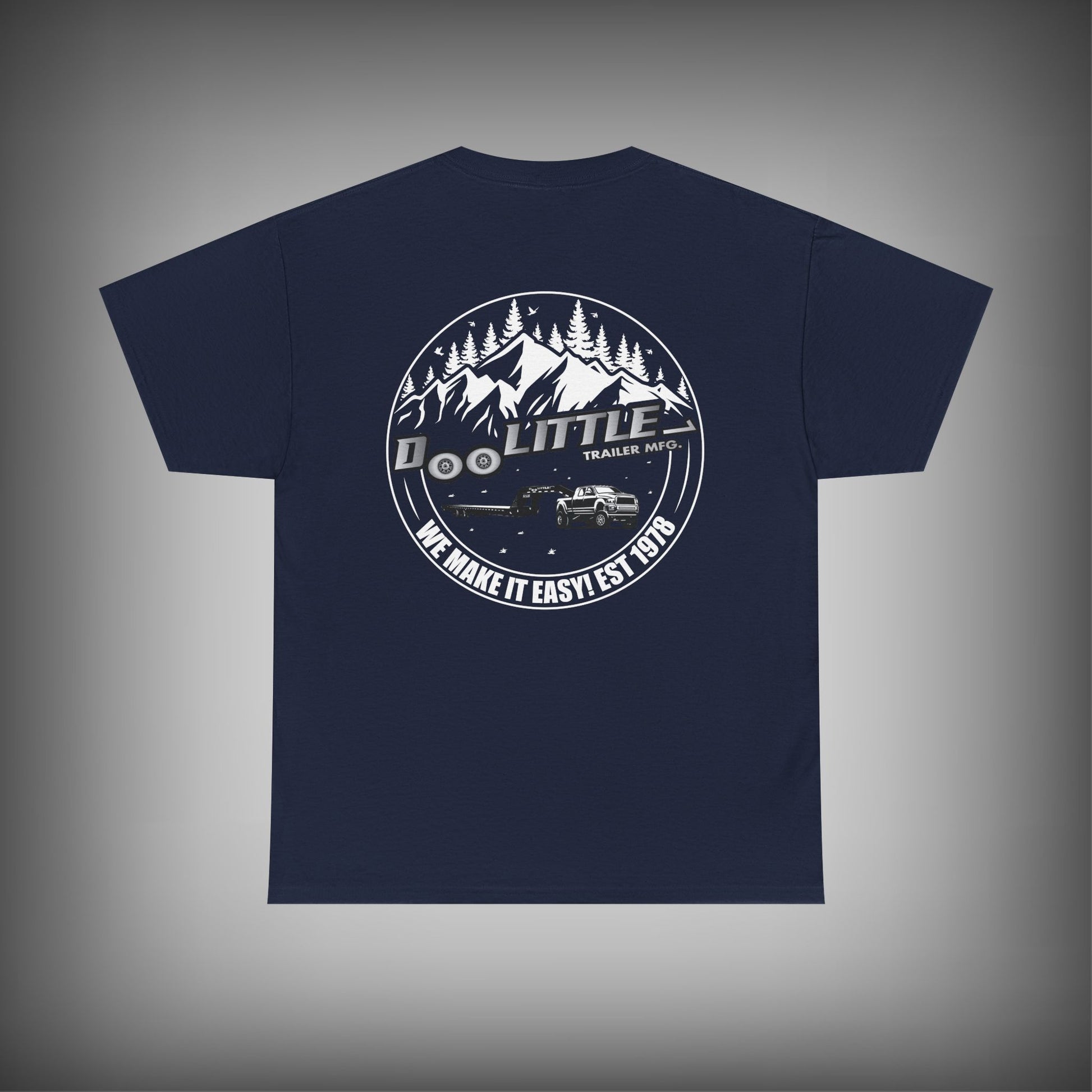 navy blue deckover trailer shirt. 