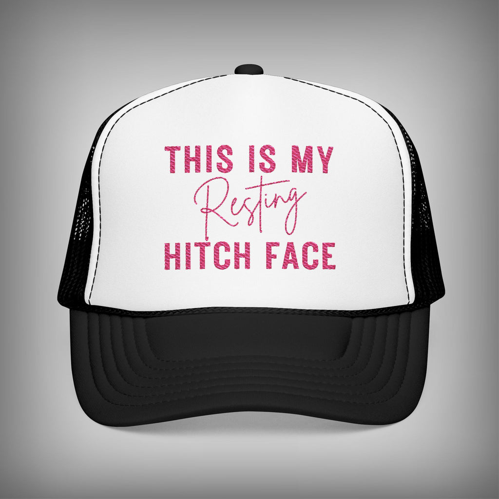 Black and white hat. Pink embriodered this is my resting hitch face hat. 
