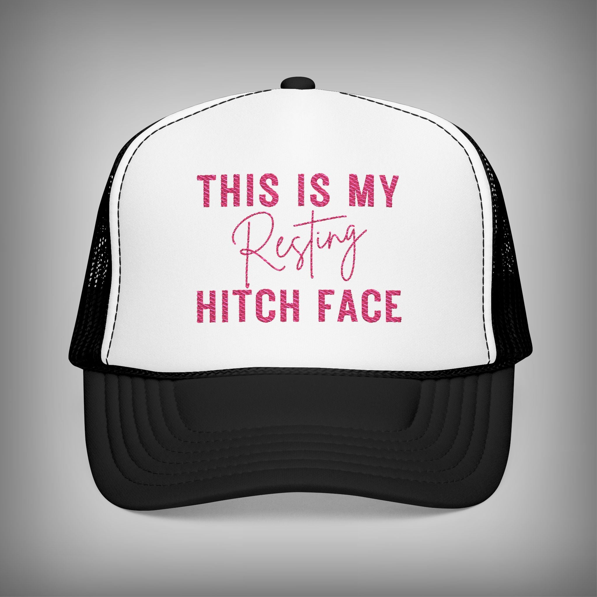 Black and white hat. Pink embriodered this is my resting hitch face hat. 