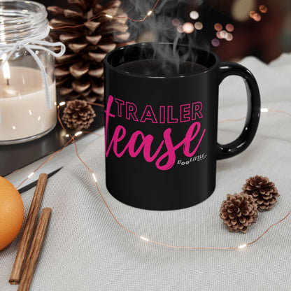 black coffee mug with pink trailer tease logo on it