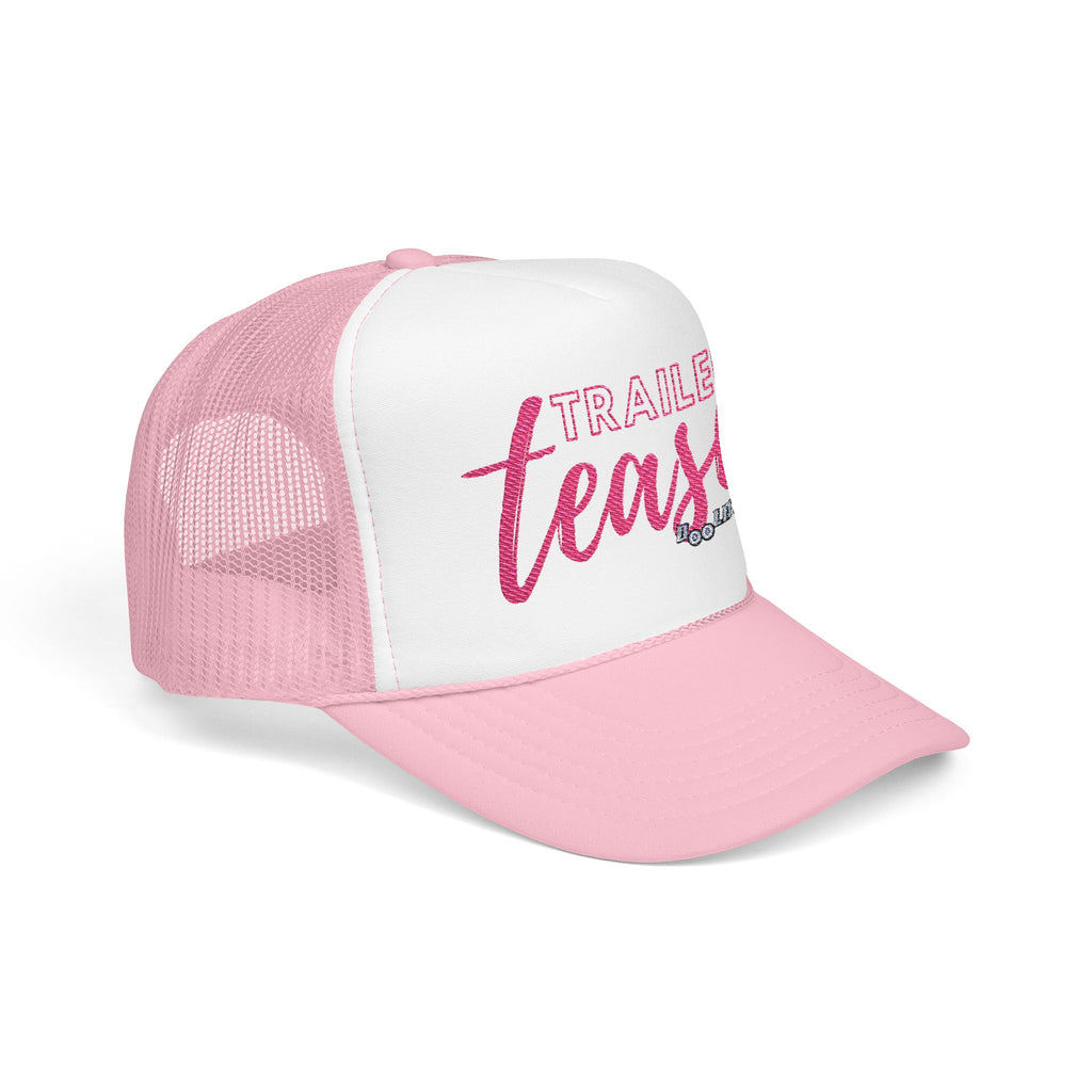 side view of pink and white trailer tease hat. 