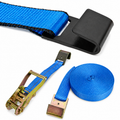 Blue ratchet strap with black buckle and metal ratchet handle on a white background
