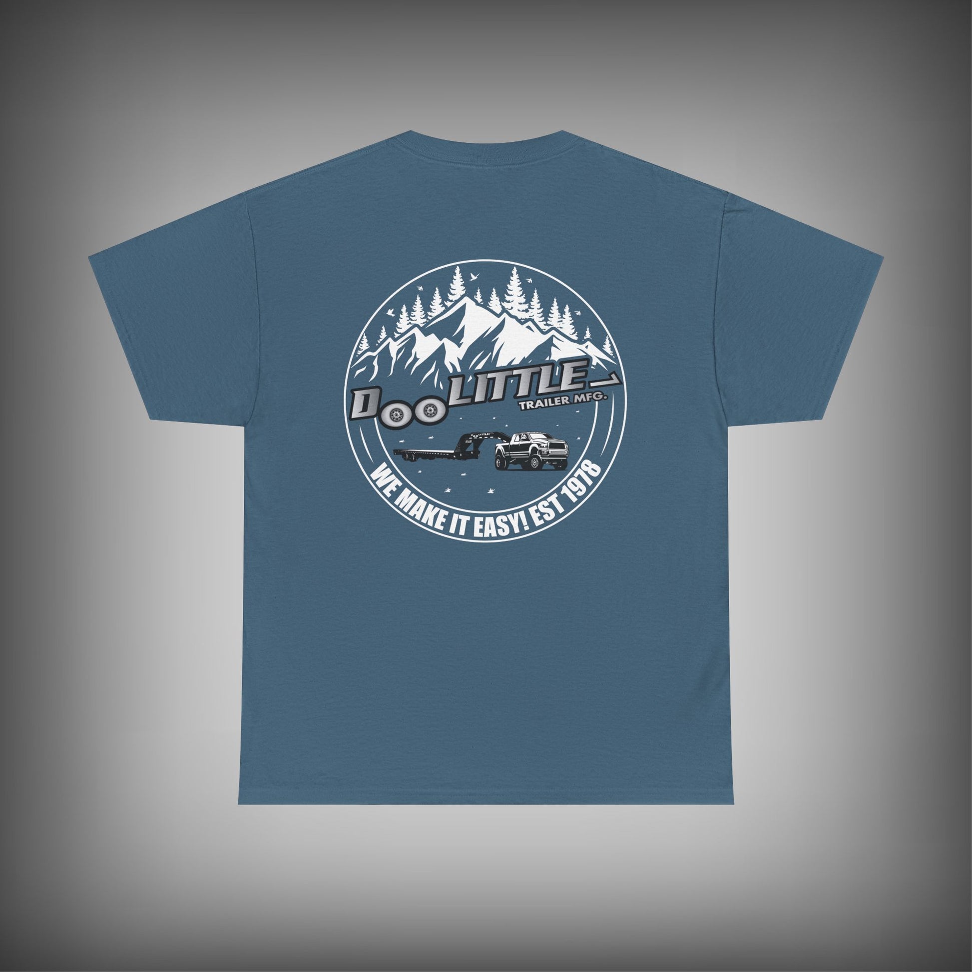 slate blue Deckover Trailer shirt. 
