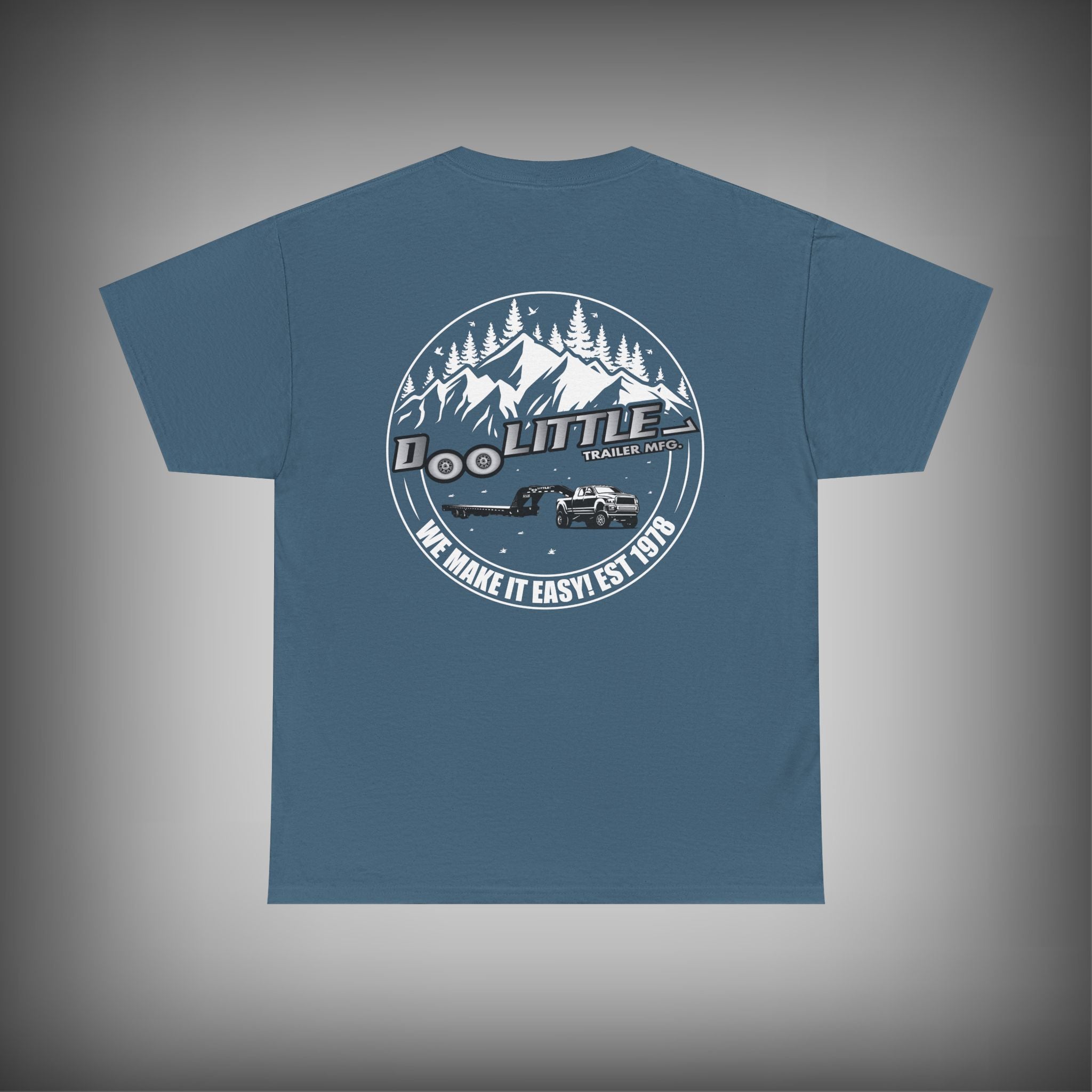 slate blue Deckover Trailer shirt. 