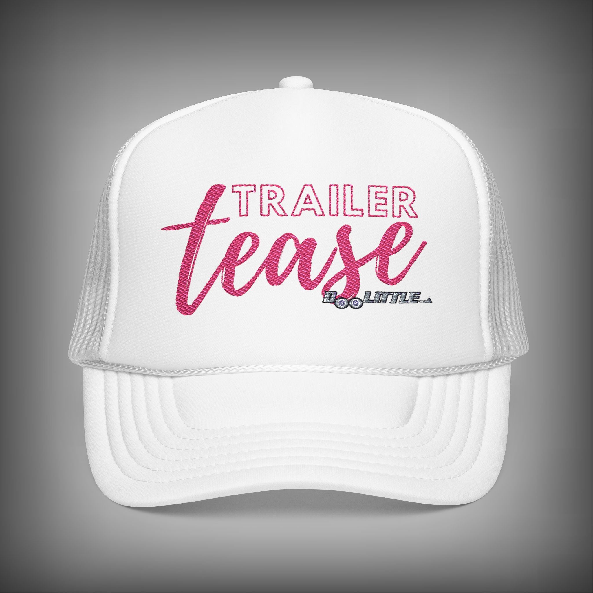 white and Pink trailer tease hat 