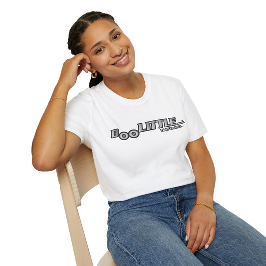 Person wearing a white t-shirt with 'Doo Little' text, sitting on a chair against a white background