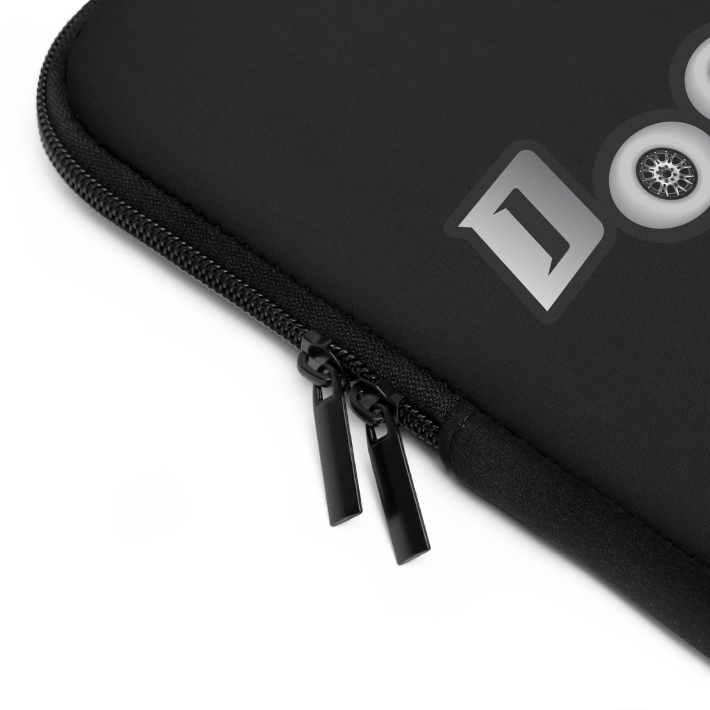 Close up of zippers on laptop sleeve