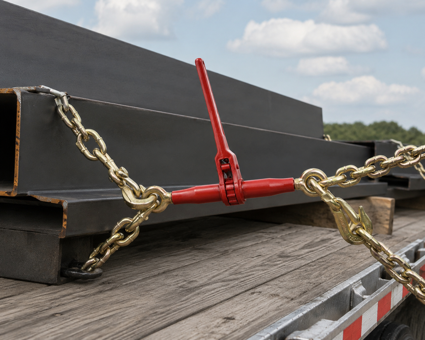 Red binder clamp and gold chain on a flatbed trailer with a metal beam against a blue sky.