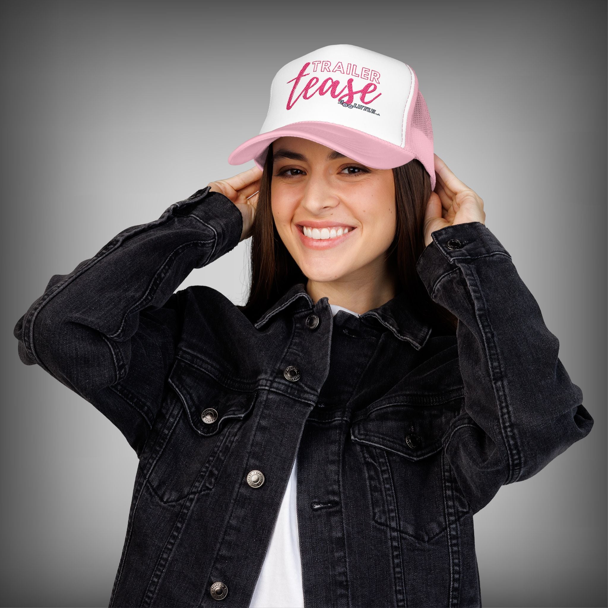 Pink and white trailer tease hat