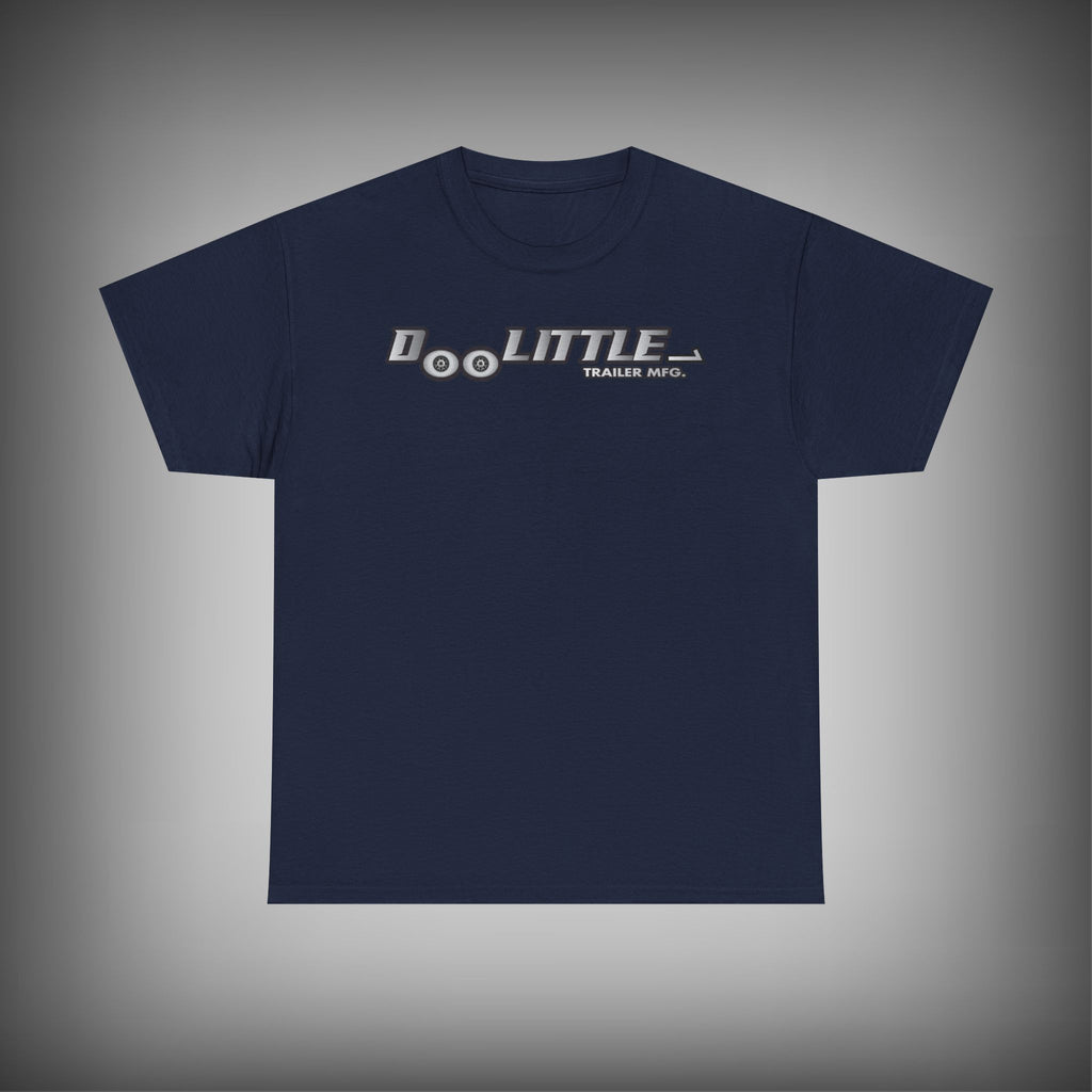 Navy blue t-shirt with doolittle logo on a gray background