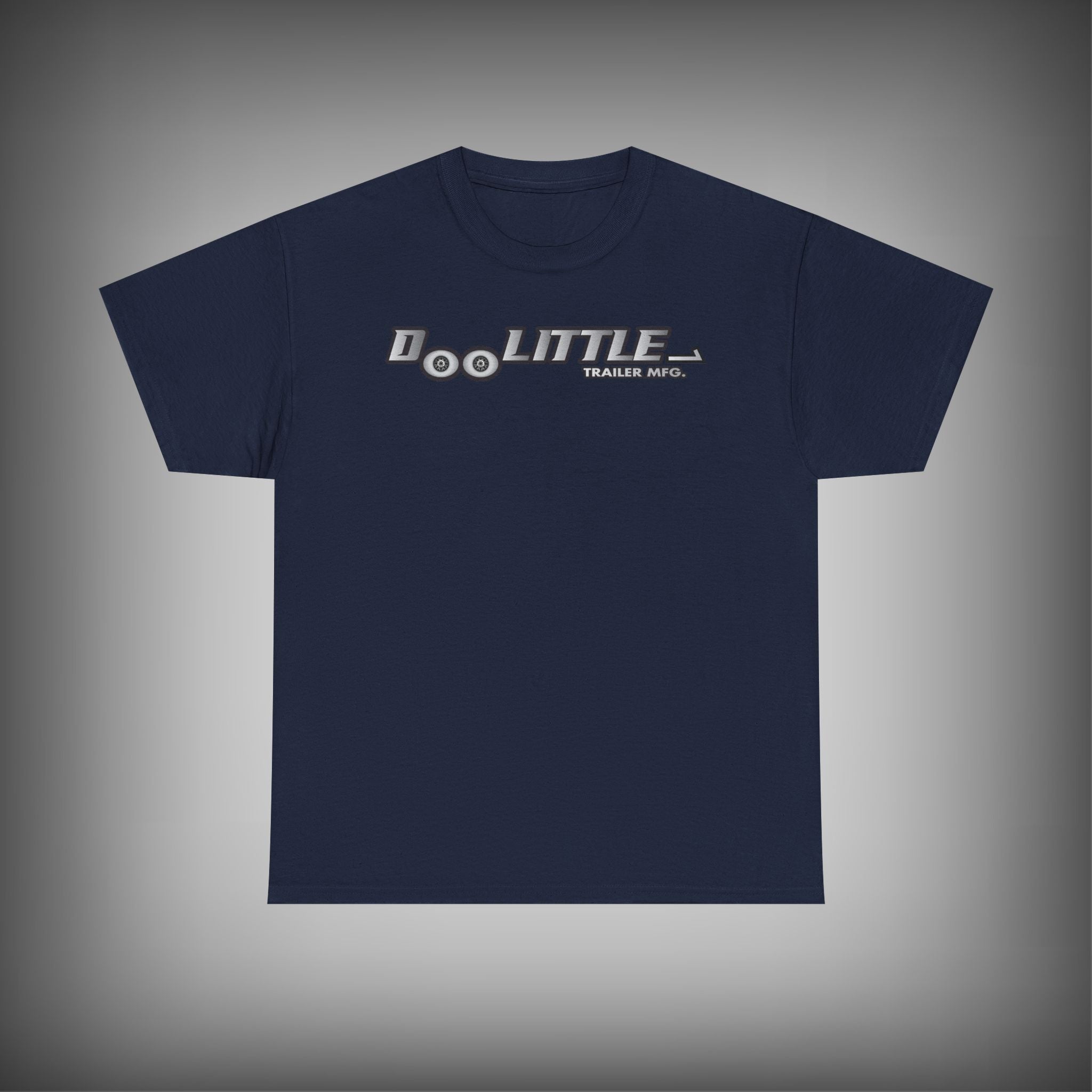 Navy blue t-shirt with doolittle logo on a gray background