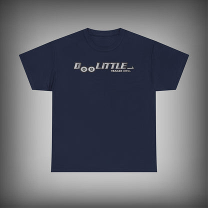 Navy blue t-shirt with doolittle logo on a gray background
