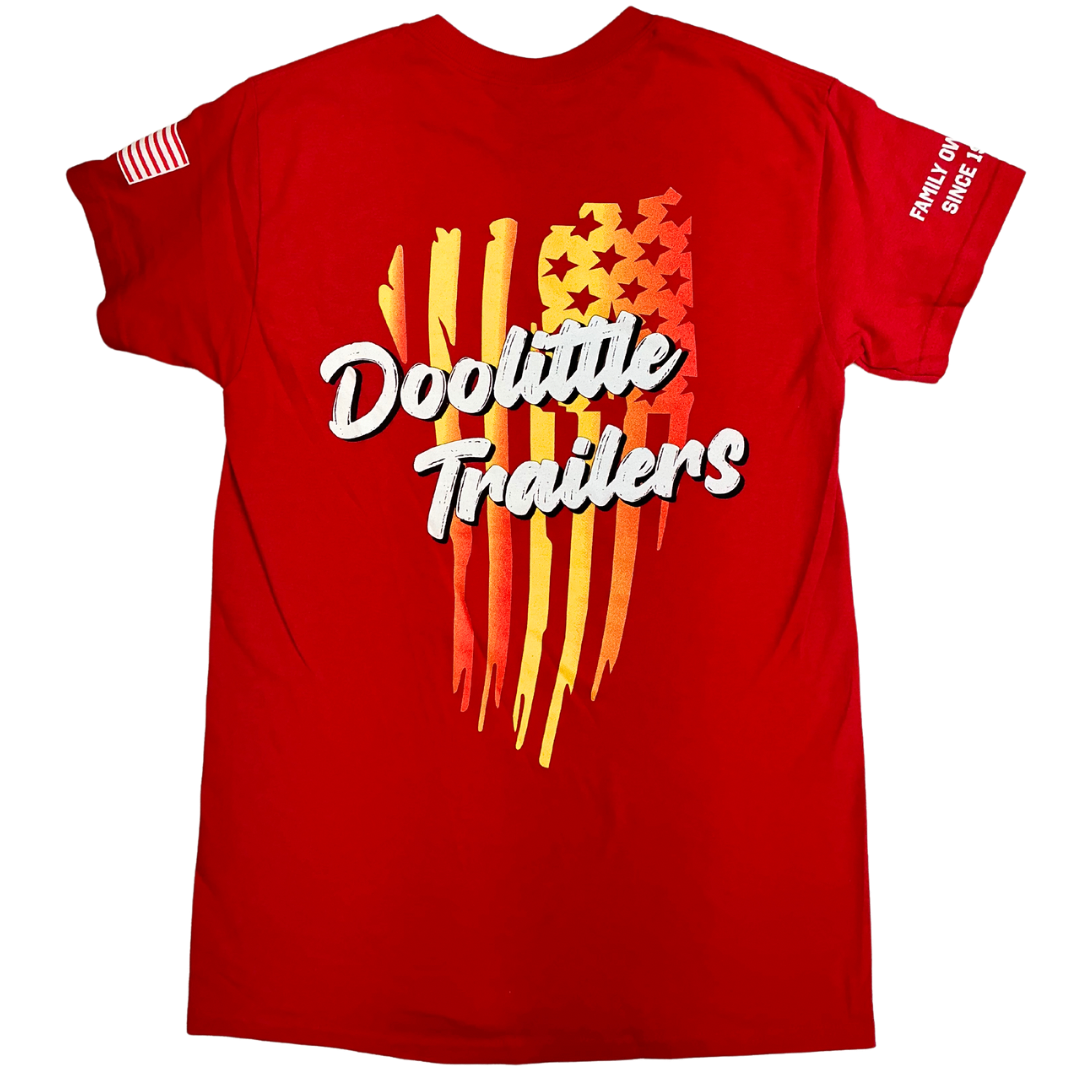 Yellow and orange Doolittle trailers flag on back of shirt