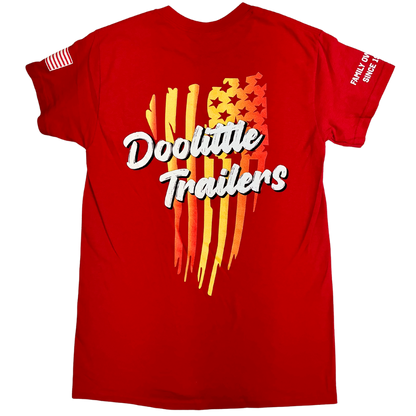 Yellow and orange Doolittle trailers flag on back of shirt