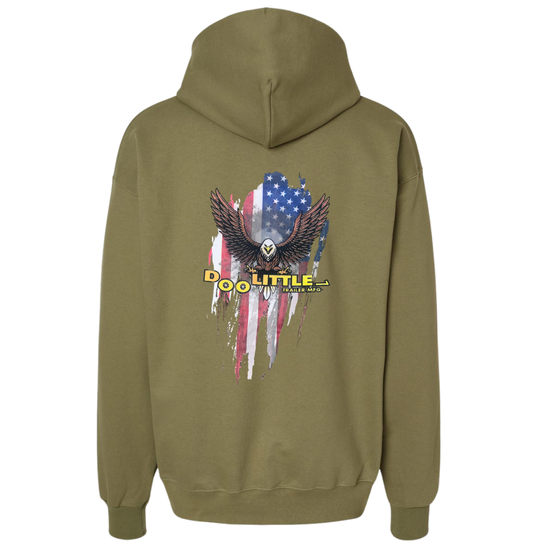 Green hoodie back that has an American flag and bald eagle on back