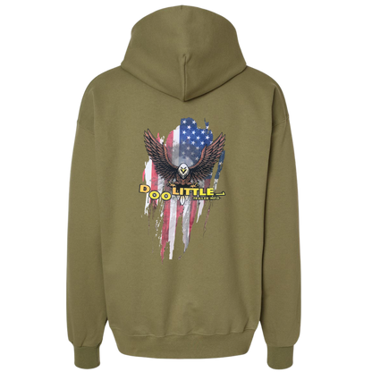 Green hoodie back that has an American flag and bald eagle on back