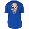 Back of ariat born for this shirt that has Skelton head with a hard hat and an American flag mask