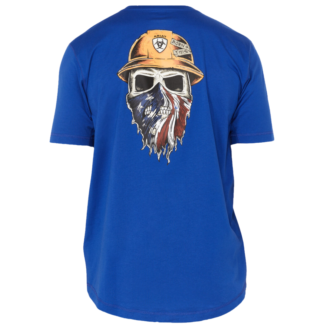 Back of ariat born for this shirt that has Skelton head with a hard hat and an American flag mask