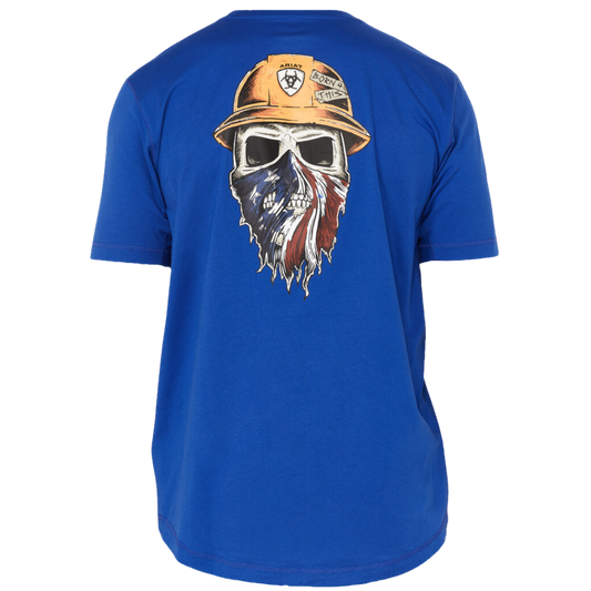 Back of ariat born for this shirt that has Skelton head with a hard hat and an American flag mask